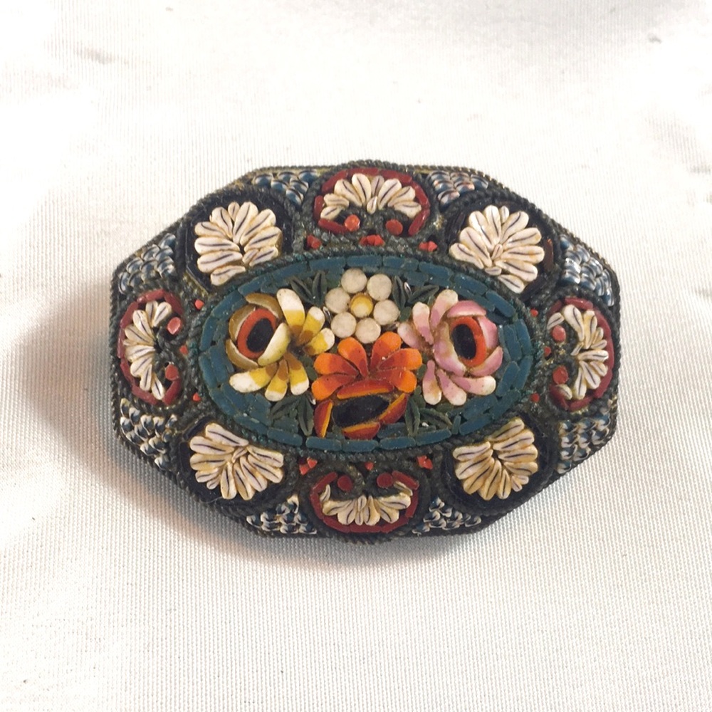 Vintage Italian Shell Inlay Floral Brooch